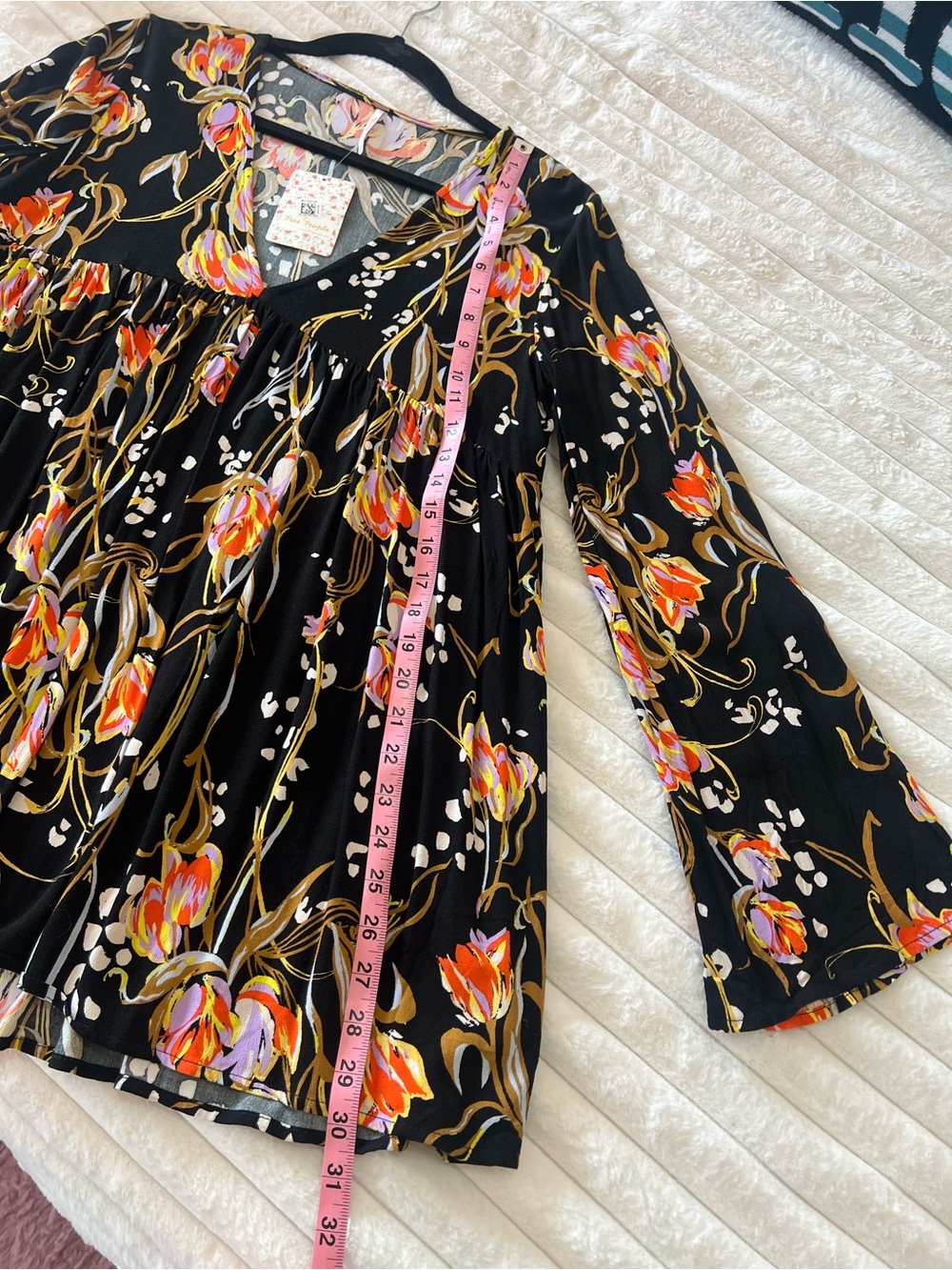 Free People Black Floral V-Neck Tunic with Pink and Orange Blooms - Picture 4 of 6